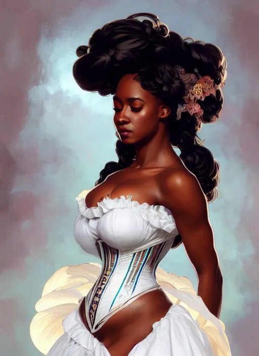 Image similar to cute black woman wearing a white corset dress, fantasy, intricate, highly detailed, digital painting, artstation, concept art, wallpaper, smooth, sharp focus, illustration, art by artgerm and greg rutkowski and alphonse mucha