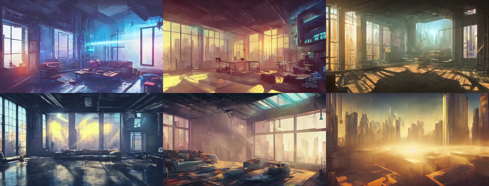 Prompt: picture of a loft in morning, first light, sunshafts, science - fiction, cyberpunk city, billboards, volumetric lights, colorful, foggy day outside, luxury, interior design, tall windows, concept art, art station