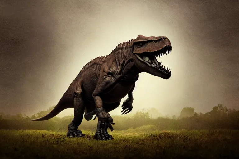 Image similar to Realistic photograph of a tired T-Rex dinosaur standing in the distance in the style of Dark Naturalism, Jungle Grunge, twilight, glows, detailed, studio quality, hd image,