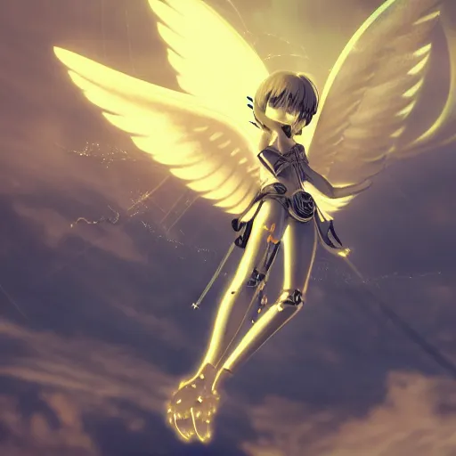 Image similar to a steampunk robotic angel, retro, steam, extremely detailed, particles, cinematic lighting, anime, clouds, sky, lush, beautiful,