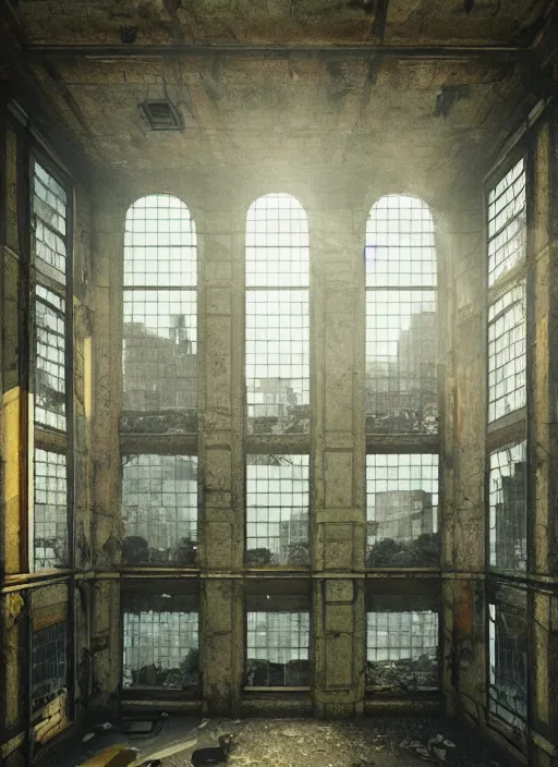 Image similar to “derelict architecture single building , clear window building , architecture digest, building surrounded in a luxury environment, bright tones, fluorescent lighting,volumetric Lighting, photorealism, high detail, golden ratio, cinematic, octane renderer”