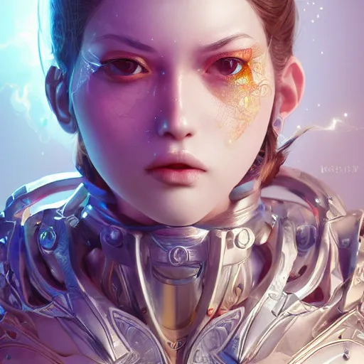 Image similar to studio portrait of lawful good colorful female holy mecha paladin absurdly beautiful, elegant, young sensual graceful woman, ultrafine hyperrealistic detailed face illustration by kim jung gi, irakli nadar, intricate linework, sharp focus, bright colors, matte, octopath traveler, final fantasy, unreal engine highly rendered, global illumination, radiant light, intricate environment