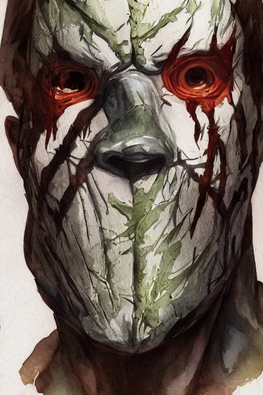 Image similar to beautiful clean water color painting of legion dbd, dead by daylight, portrait study by bernie wrightson, detailed, stunning, realistic
