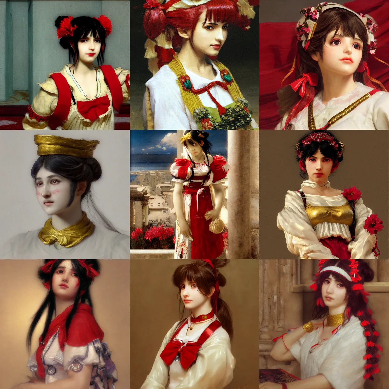 Prompt: a portrait painting of reimu hakurei, by lawrence alma - tadema, marble, gold, unreal engine 5