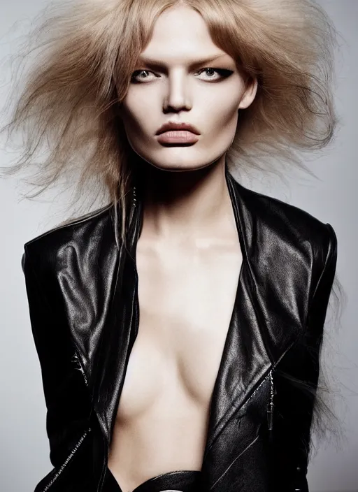 Prompt: A beautiful portrait of Hana Jirickova as a Alexandre Vauthier fashion model Spring/Summer 2012 wearing black Leather jacket, highly detailed, in the style of cinematic, Getty images, Milan fashion week backstage, Makeup by Pat McGrath, Hair by guido palau, Greg rutkowski