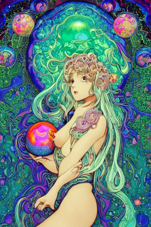 Image similar to psychedelic, acid trip, intricate, highly detailed, anime, 4k, beautiful seductive slime girl holding a huge orb containing the universe, with professional makeup, long trippy hair, surrounded by gems, underneath the stars, trending on patreon, deviantart, twitter, artstation, volumetric lighting, heavy contrast, by artgerm and Ilya Kuvshinov and alphonse mucha, interstellar galaxy