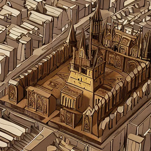 Prompt: View from above of a miniature wooden cathedral, by Olivier Föllmi, isometric view