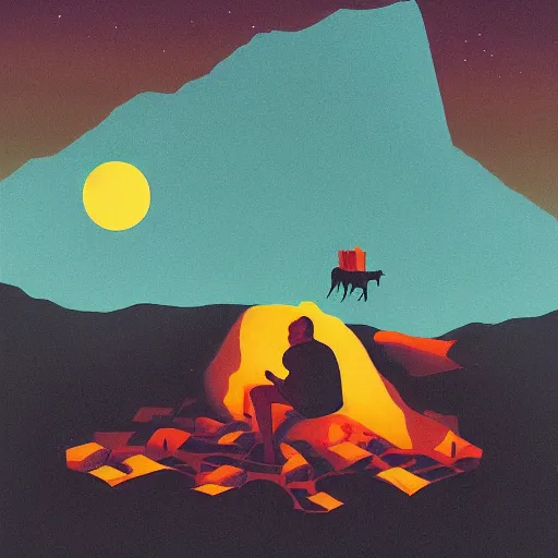 Image similar to isometric painting of a cow devouring a human, black mountains, dark atmosphere, decollage, fire, edward hopper, tristan eaton, victo ngai