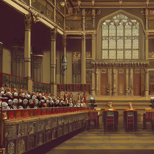 Prompt: the king of England is put on trial at the grand court, beautiful matte painting, highly detailed, artstation