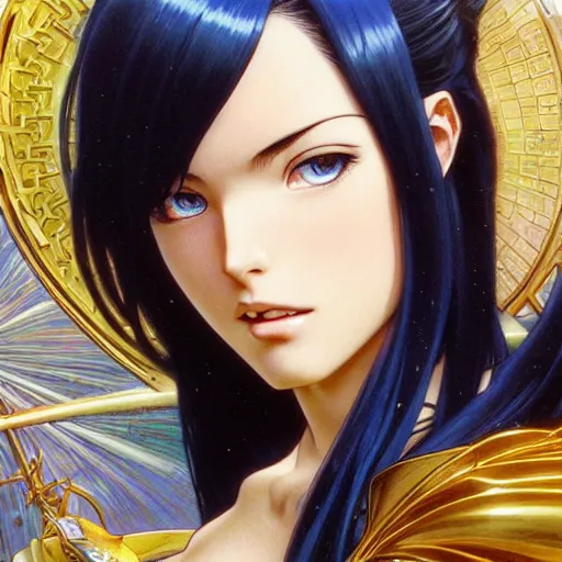 Image similar to highly detailed vfx portrait of nico robin by eiichiro oda!, makoto shinkai, alphonse mucha, msterpriece, art by artgerm and greg rutkowski!, blue eyes!!, large aquiline nose!!, gaston bussiere, stanley kubrick, kaoru mori, intricately detailed, behance, 4 k, hdr