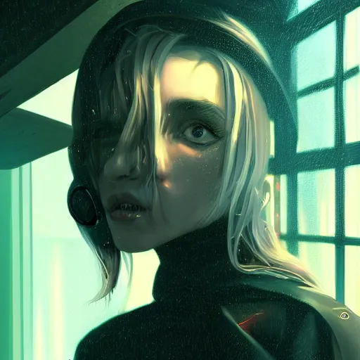 Prompt: art by wlop, portrait of cyberpunk woman looking out of a window, cyberpunk setting, futuristic, highly detailed, intricate lighting, digital painting, sharp focus, illustration, trending on artstation.