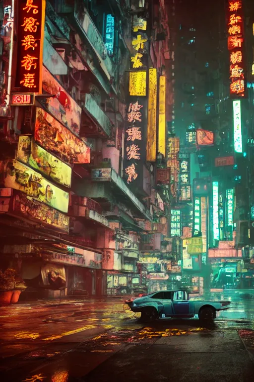 Image similar to cinematic photo of ancient overgrown cyberpunk hong kong with cars and people, flying cars in the sky, holograms, night, rain, flowers, beautifully lit, hyperdetailed, unreal engine, photorealistic, denis villeneuve film look, blade runner set