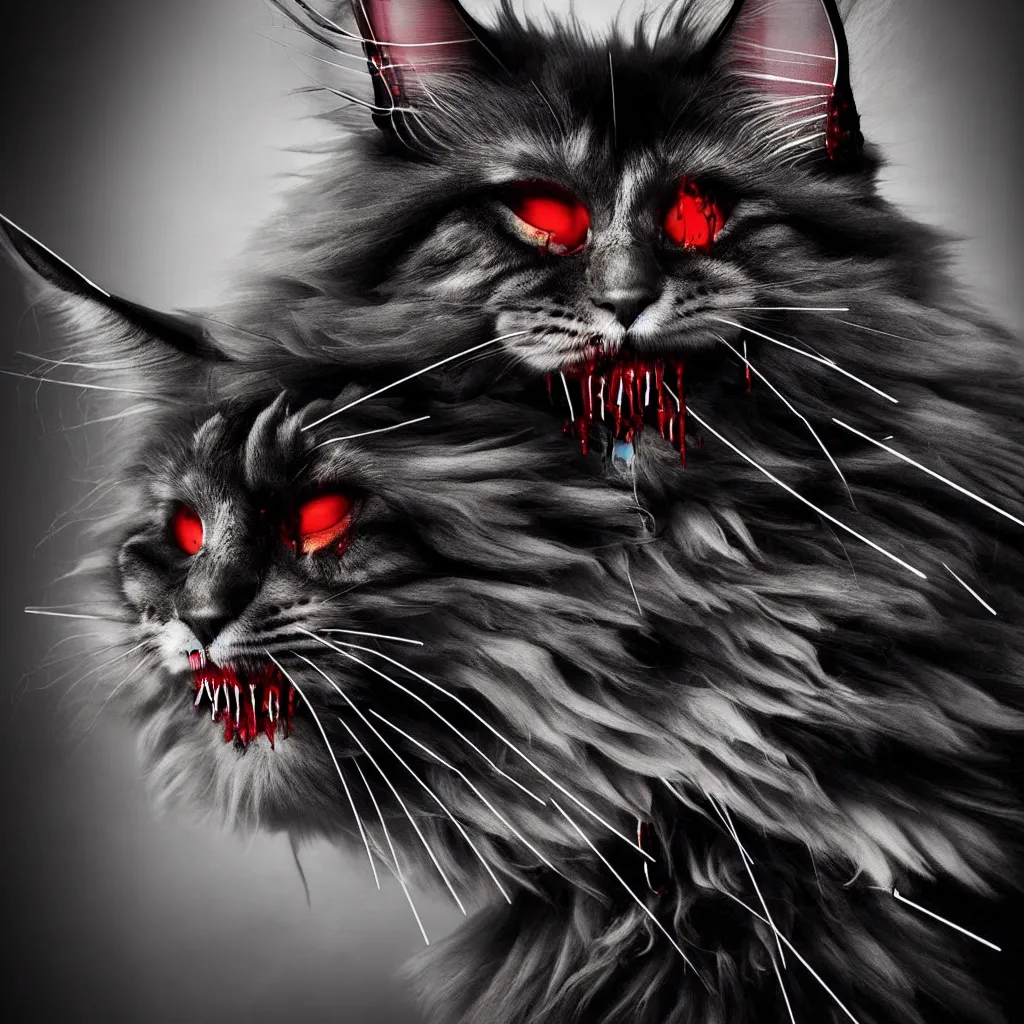 Image similar to “beautiful award-winning photo of a wise maine coon with cybernetic spider eyes and blood dripping off of its fangs. masterpiece, trending on artstation, cinematic composition, dramatic pose, volumetric lighting, sharp, details, hyper-detailed, HD, 4K, 8K ”