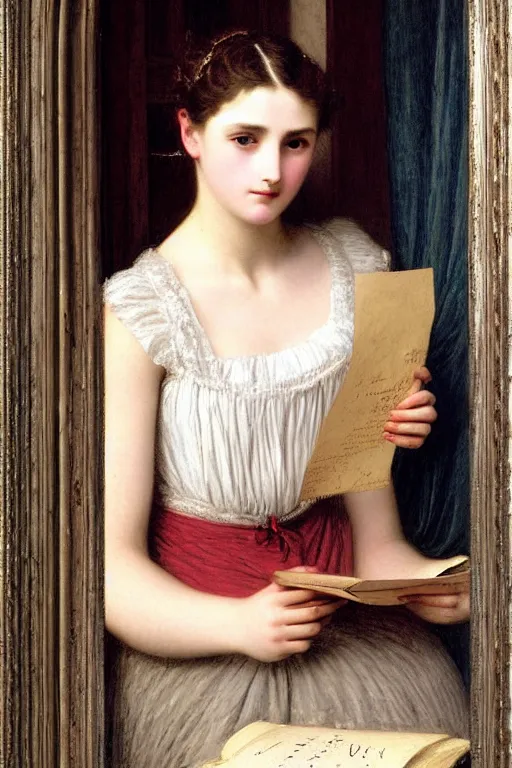 Prompt: girl sending a letter by auguste toulmouche by vittorio reggianini, pastoral, perfectly detailed eyes, beautiful hands, pale skin, blonde hair, leaning on door, dreamy fields, windy moors