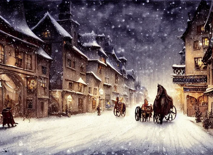 Image similar to a night scene of a snowy town with a horse drawn carriage, a detailed matte painting by anton pieck, deviantart contest winner, fantasy art, concept art, official art, matte drawing