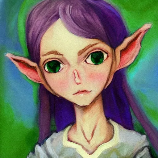 Image similar to little elf boy, purple tunic, soft hair. light color palate, detailed soft painting, made in abyss art style, anatomically correct, inspired in balthus