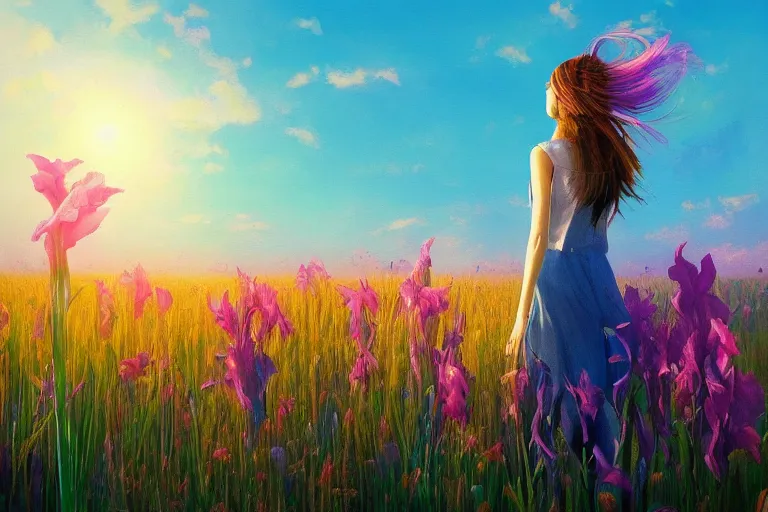 Prompt: giant gladiola head, girl walking in field of flowers, surreal photography, sunrise, blue sky, dramatic light, impressionist painting, digital painting, artstation, simon stalenhag