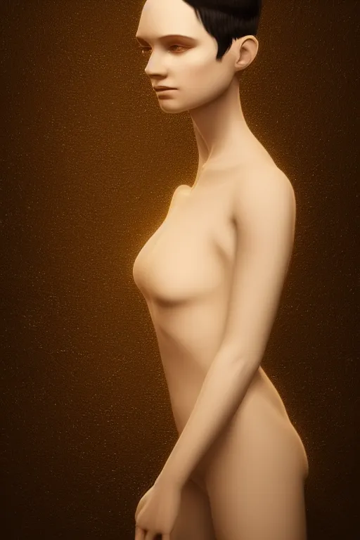 Image similar to Portrait of a beautiful pale skin Nordic female with short black hair, elegant, photorealistic, highly detailed, artstation, smooth, sharp focus, gold ornaments, neon lighting, sci-fi, art by Klimt.