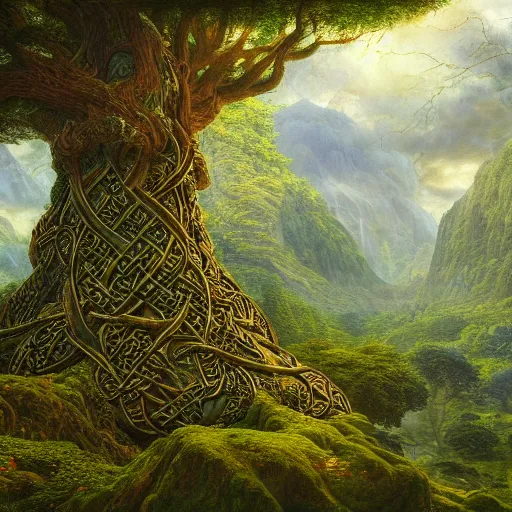 Image similar to a beautiful and highly detailed matte painting of a giant tree in a magical garden in lush forest in the valley of dreams, celtic knots, intricate details, epic scale, insanely complex, 8 k, sharp focus, hyperrealism, very realistic, by caspar friedrich, james gurney, brian froud,