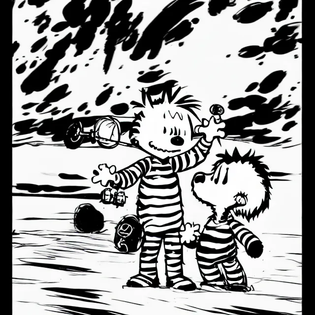 Prompt: epic professional digital Calvin and Hobbes ink drawing drawn by charles schultz, best on artstation, breathtaking, epic, stunning, gorgeous, much detail, much wow, cgsociety, wlop, pixiv, behance, deviantart, masterpiece