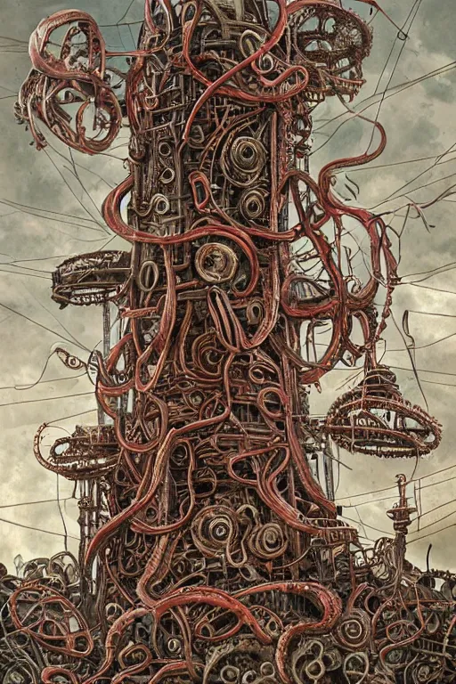 Image similar to lovecraftian biomechanical machine tower with fleshy tendrils and eyeball at top overlooking dystopian wasteland, highly detailed, colorful with red hues