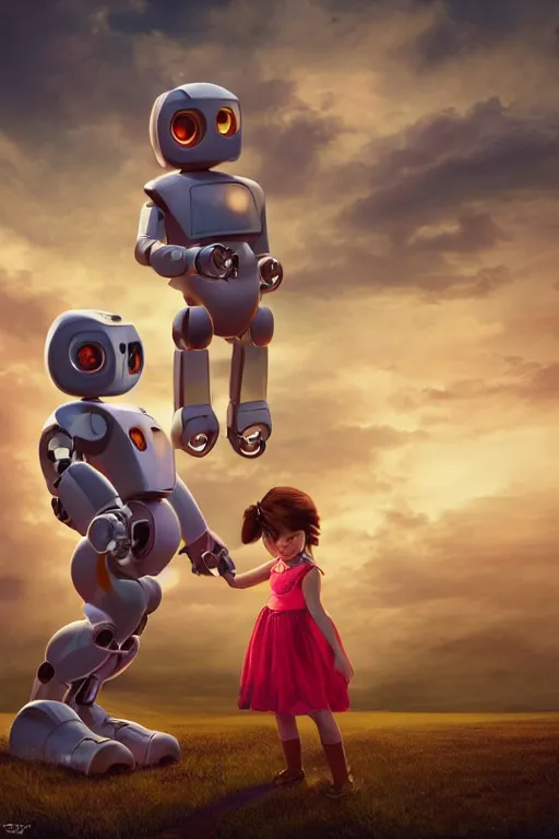 Image similar to Little girl with a bow holding her brother-robot's hand looking up to the gigantic robot's memorial whose head is almost hidden in the clouds. Golden hour. Sci-fi 4K digital 3D paint. Trending on ArtStation. Concept art. Award-winning.