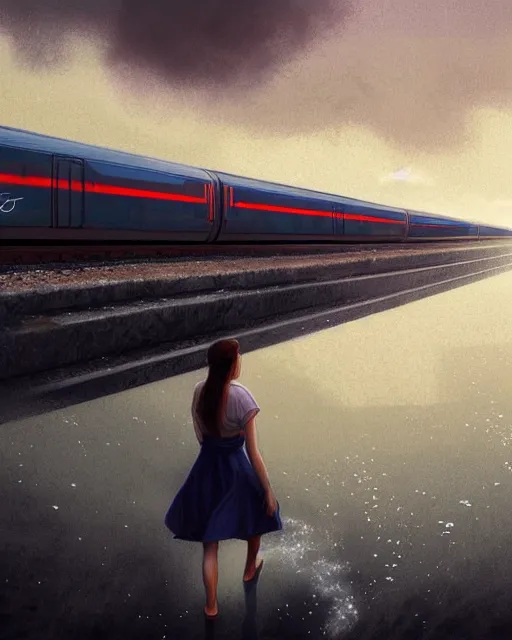 Image similar to photo of girl walking along train tracks that are submerged under a few inches of reflective water toward a station in the distance, wide horizon, large white clouds, intricate, elegant, highly detailed, digital painting, artstation, concept art, smooth, sharp focus, illustration, art by artgerm and greg rutkowski and fra angelico