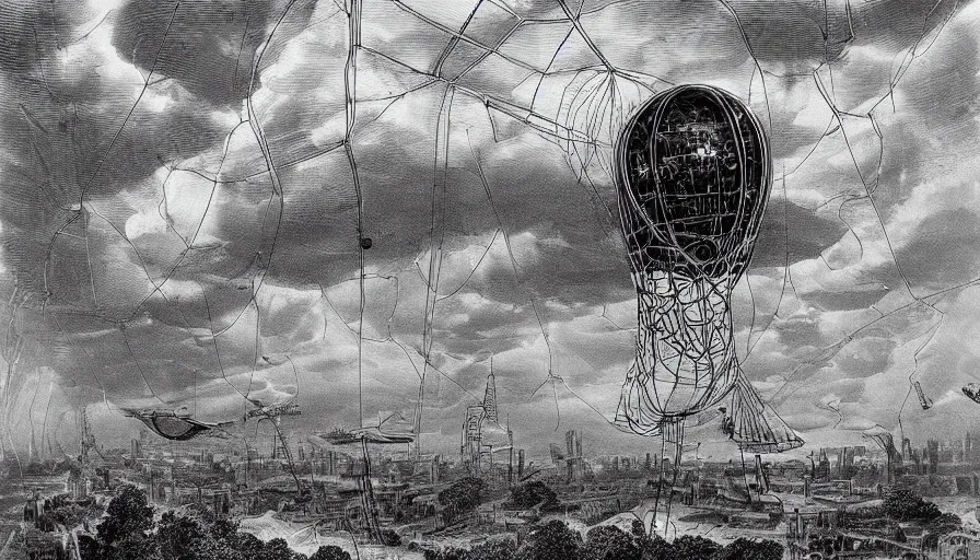 Image similar to Buckminster at home in an inflated stainless steel chrome gondola in the clouds, people are hanging by steel cables. Oil rigs in the sky. Intricate technical drawing. Mammatus clouds. Ornate, brilliant, utopian, detailed, Golden ratio, solarpunk