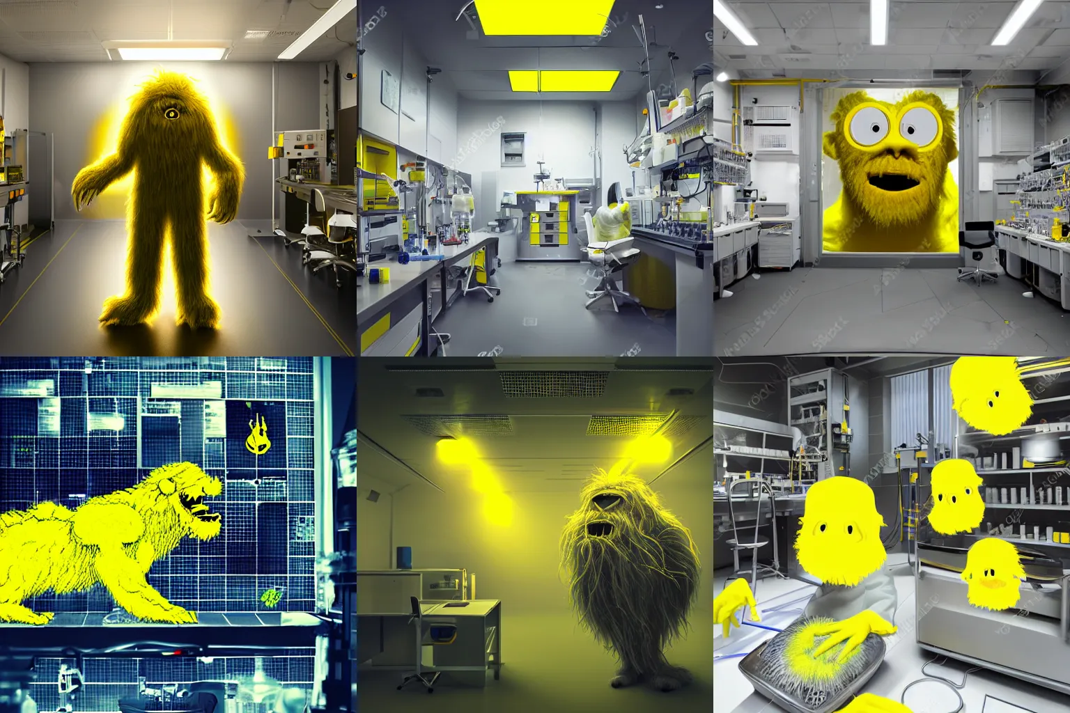 Prompt: hairy monster in laboratory clean room, photolithography, yellow artificial lighting, photorealistic