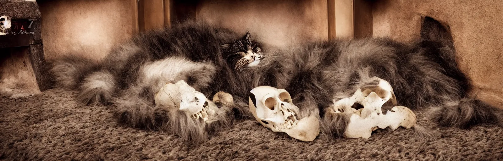 Prompt: a beautiful hairy cat sleeping next to a skull on an old carpet next to a fireplace, 4K, photorealistic, cinematic, moody fireplace lighting, UHD, HDR