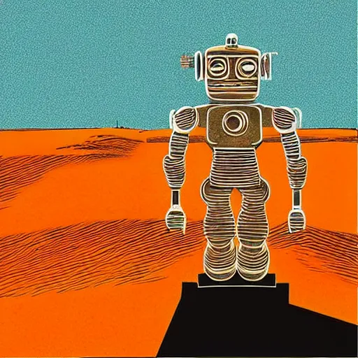 Image similar to “ a picture of a chrome robot walking through outer world desert, a retro sci - fi art by moebius, a path made of a circuit board, orange desert, bright clean blue sky, retro sci - fi adventures ”