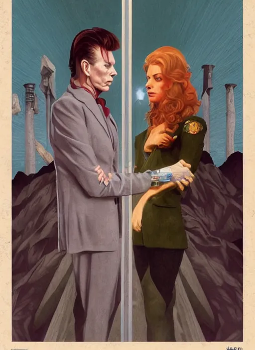 Image similar to twin peaks poster art, david bowie is confronted by the gatekeeper, old retro pulp, by michael whelan, rossetti bouguereau, artgerm, retro, nostalgic, old fashioned