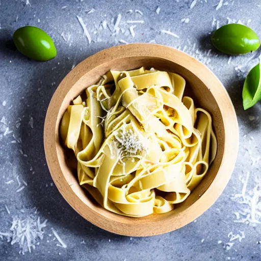 Prompt: a creamy fettuccine pasta in a parmesan cheese wheel,olive oil, food photography