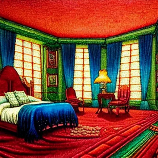 Prompt: Fantasy illustration by Clyde Caldwell This lavish bedchamber is brightly illuminated by a soft glow emanating from what look like large, faceted crystals in a blue, green, and red color scheme hanging from the ceiling. A plush, deep-pile red rug covers the floor between a large bed covered in woollen blankets and silk throws and a finely bedecked table set with fine food and drink. A large, gilded mirror hangs on the far wall.