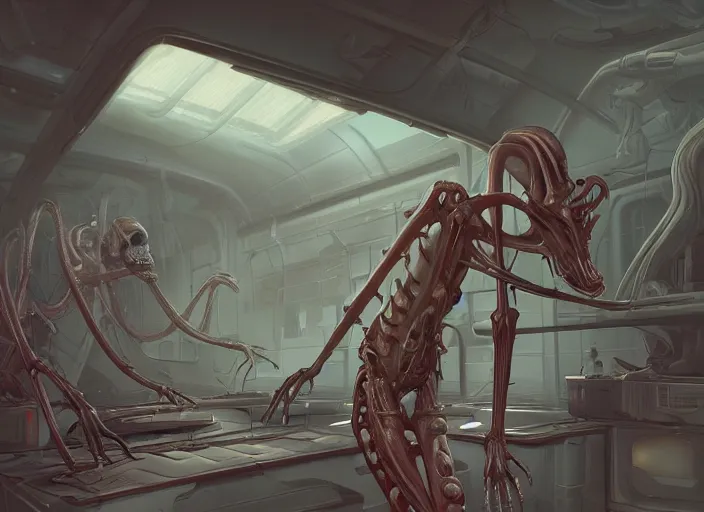 Image similar to science fiction laboratory with a muscular demon woman alien specimen with long boney limbs breaking out of its chamber in the style of ralph mcquarrie and glenn fabry, futuristic, tentacles and bones, transparent carapace, god rays, flooded station, artstation, cinematic lighting, foggy