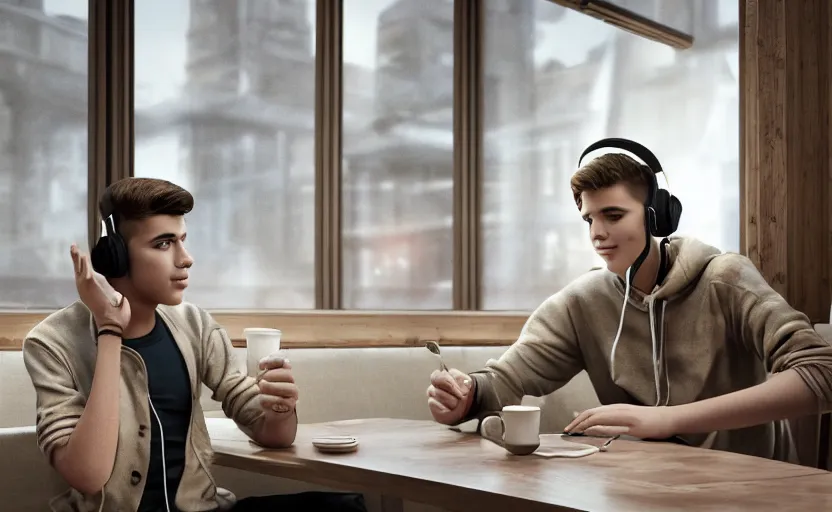 Image similar to a male teenager with headphones in a cafe sitting in front of a table with a coffee, digital painting, masterpiece, digital art, concept art, octane render, unreal engine 5, trending on deviantart, highly detailed, high quality, 4 k, cartoon, high coherence, realistic, anatomically correct, five fingers, relaxing, realistic and detailed face, beautiful, elegant