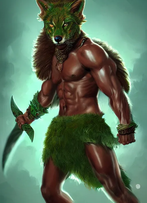 Image similar to a highly detailed illustration of fierce attractive young tanned tribal boy wearing green wolf mane, heroic wielding club pose, muscular, intricate, elegant, highly detailed, centered, digital painting, artstation, concept art, smooth, sharp focus, league of legends concept art, wlop