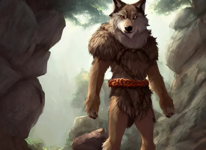 Image similar to character portrait feature of the anthro male anthropomorphic wolf fursona animal person wearing tribal primitive caveman outfit belt standing in the entrance to the cave, well framed character design stylized by charlie bowater, ross tran, artgerm, makoto shinkai, detailed, soft lighting, rendered in octane