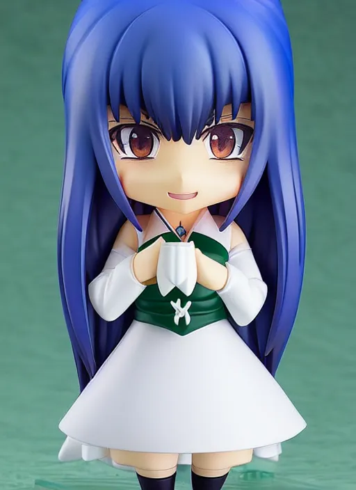 Prompt: nendoroid anime beautiful female witch with long, blue hair and green eyes, pretty symmetrical face, fullbody, white robes blue skirt, anime, nendoroid,
