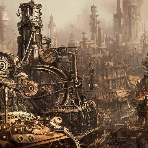 Prompt: steampunk machine city detailed matte painting gears clockwork intricate 4k 8k