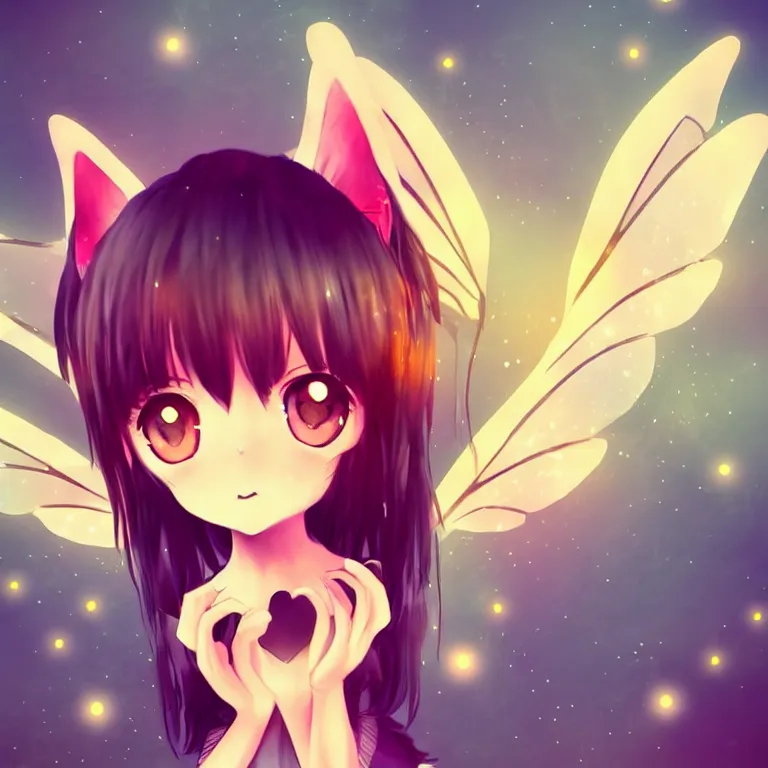 Image similar to cute, full body, female, anime style, a cat girl with fairy wings, large eyes, beautiful lighting, sharp focus, simple background, creative, heart effects, filters applied, illustration