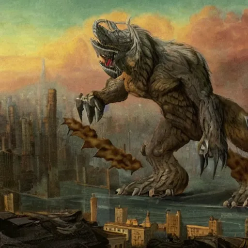 Prompt: a huge beast attacking a city