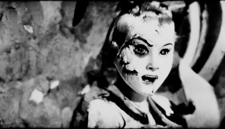 Image similar to 50s movie still close-up portrait of a white female japanese phantom with a wounded bloody jaws and cult dress in an empty soviet tunnel, early black and white 8mm, heavy grain, low quality,