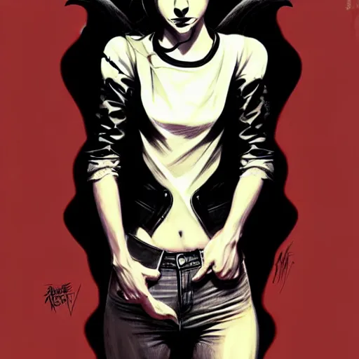 Prompt: rafael albuquerque comic art, peter mohrbacher, steve niles, artgerm, pretty taissa farmiga witch, symmetrical eyes, black leather jacket, jeans, long blonde hair