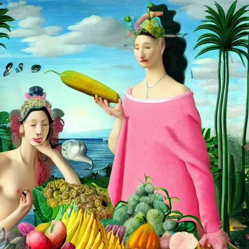 Prompt: a highly detailed oil painting of 2 pink dolphin queens ruling a cheese kingdom surrounded by exotic fruits and plants, surreal, 4 k, trending on art station, in the style of dali, boch, matisse caravaggio, comical