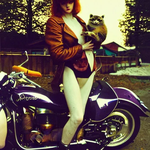 Image similar to a photo by arbus of a slender beautiful woman with straight ginger hair and bangs, wearing purple leathers and gold helmet, posing with large ginger tabby and raccoon on a motorcycle in her front yard, holding coffee mug and toasted brioche bun, fashion photography, dramatic lighting, 8 5 mm lens