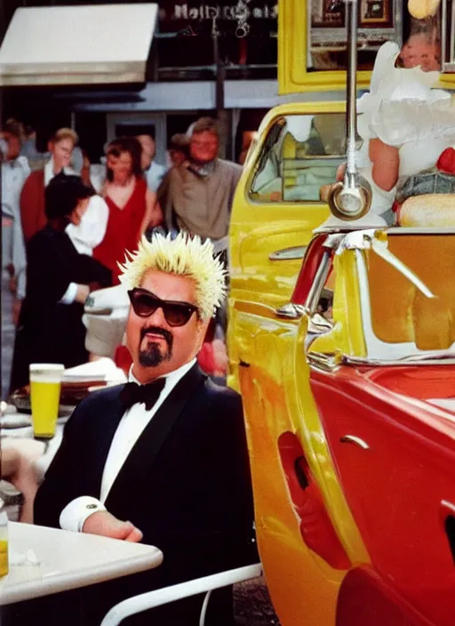 Image similar to vintage mcdonald's commercial depicting guy fieri wearing a tuxedo, by saul leiter