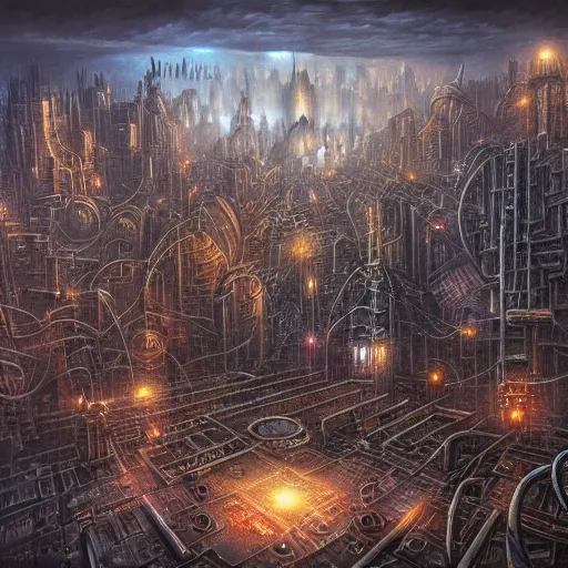 Image similar to painting of labyrinth cyberpunk metropolis in the style of steampunk by dan seagrave and tomasz alen kopera