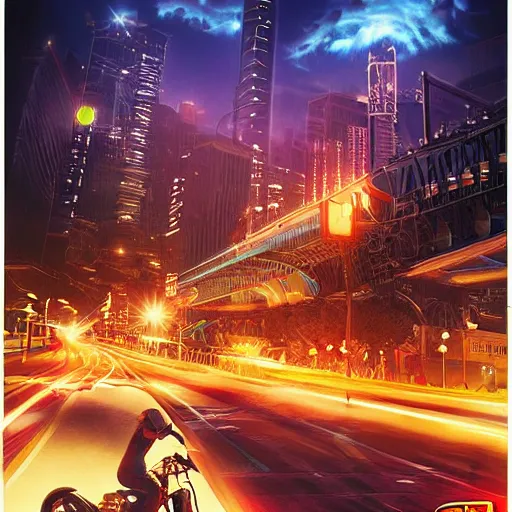 Image similar to extremely detailed and complex poster for night time motorcycle video game, night time, motorcycle, fog, mist, buildings, city, traffic signs, barriers