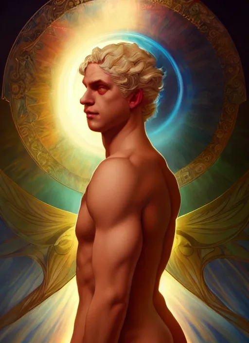 Image similar to the pale blond sun god apollo smirking, full body shot, sci fi, glowing eyes, volumetric lights, red and cyan theme, art nouveau botanicals, intricate, highly detailed, digital painting, artstation, concept art, smooth, sharp focus, cinematic, illustration, beautiful face, art by artgerm and greg rutkowski and alphonse mucha